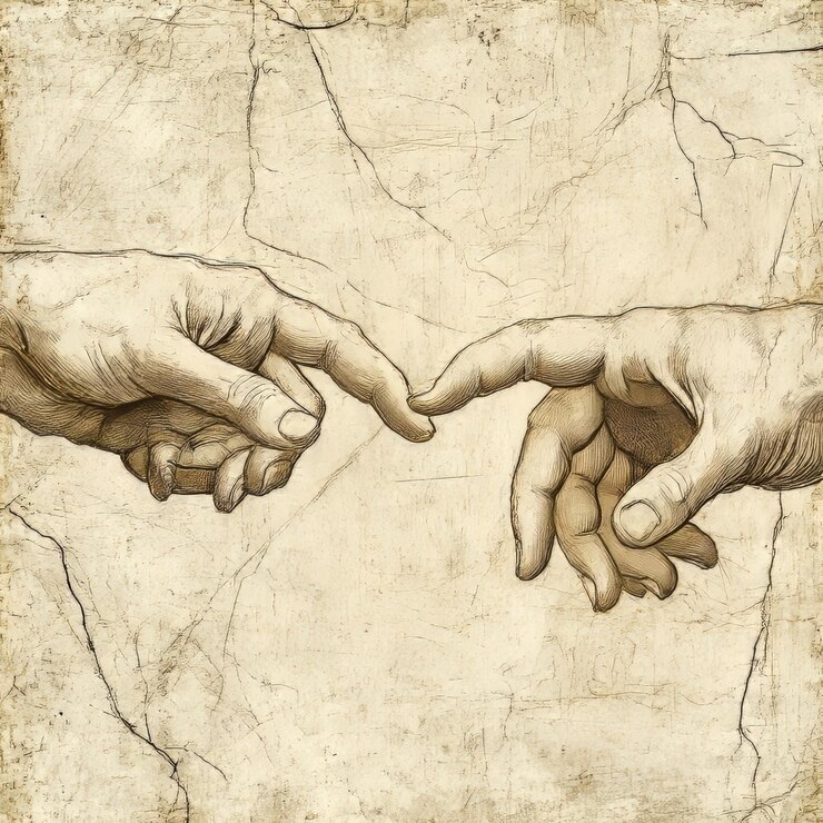 Foto fundo de papel velho com duas mãos segurando uma outra ilustração desenhada à mão