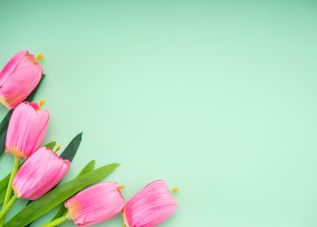 Fundo de papel verde de tulipas cor de rosa