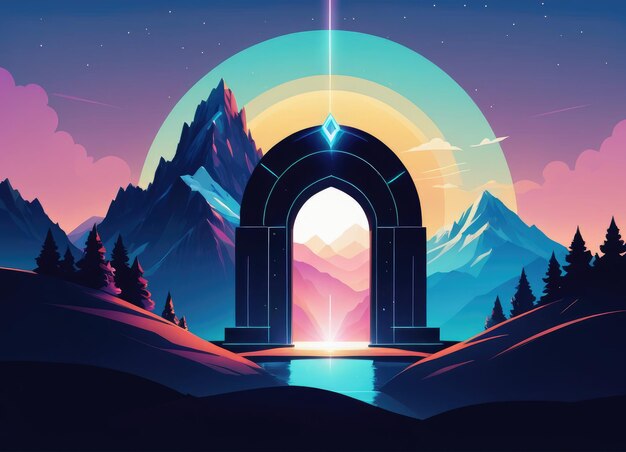 Fundo de paralaxe com um portal mágico em uma montanha