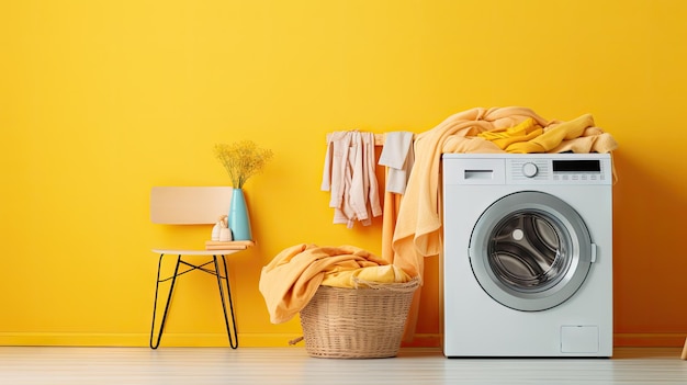 Fundo de parede amarelo brilhante com máquina de lavar roupa no interior da lavandaria