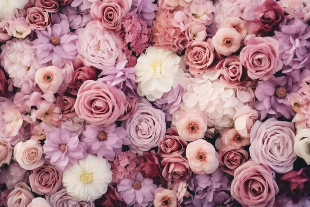 Fundo de parede de flores Textura de flores frescas desabrochando em cores rosa Ilustração generativa de IA