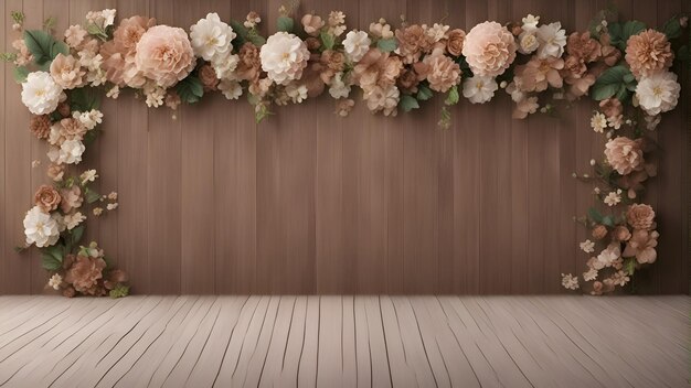 Fundo de parede de madeira com flores 3d render ilustração 3d