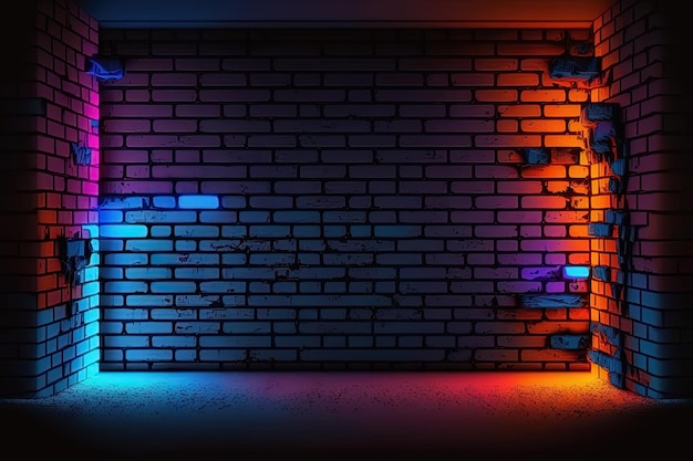 Fundo de parede de tijolos em branco futurista moderno generativo AI com luzes de néon antigo fundo de parede de tijolos grunge Conceito de espaço de cópia colorida