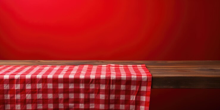 Foto fundo de parede vermelho com toalha de mesa vermelha em cima de uma mesa de madeira vazia