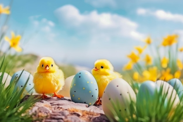 Fundo de Páscoa com duas pequenas galinhas amarelas bonitas de pé em uma pedra entre os ovos de Páscua