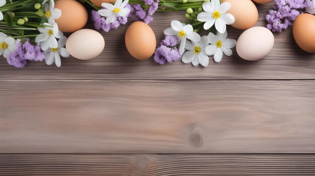 Foto fundo de páscoa com ovos e flores de primavera em fundo de woon