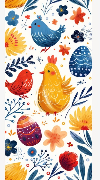 Fundo de Páscoa simples e colorido Uma coleção de ovos coloridos e flores delicadas Coelhos e galinhas localizados em um fundo branco IA generativa