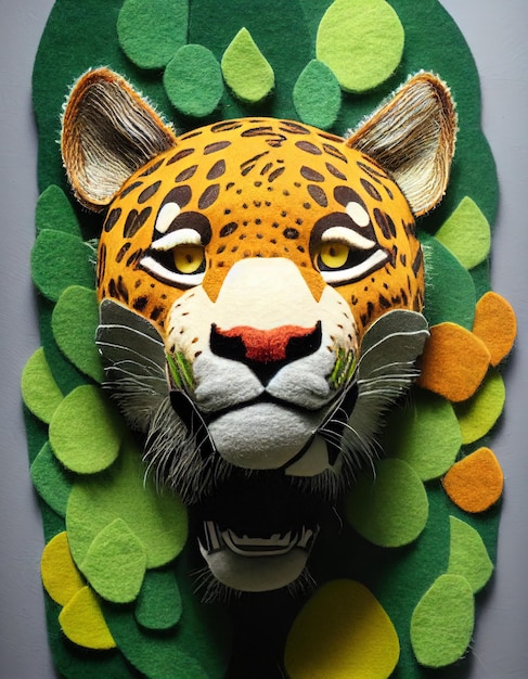 Fundo de pedaços multicoloridos de feltro Jaguar na selva Jaguar feito de ilustração de arte digital de feltro em estilo 3d