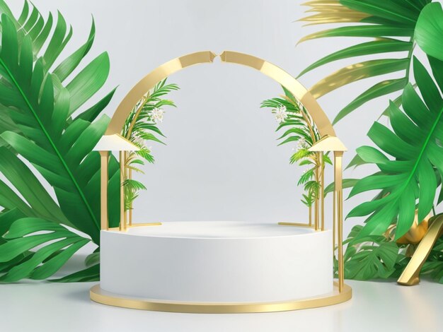 Fundo de pedestal cinza com moldura de anel dourado folhas de palmeira verdes realistas para promoção do produto