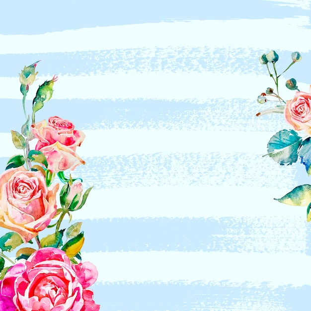 Fundo de pincelada azul grunge com rosas em aquarela