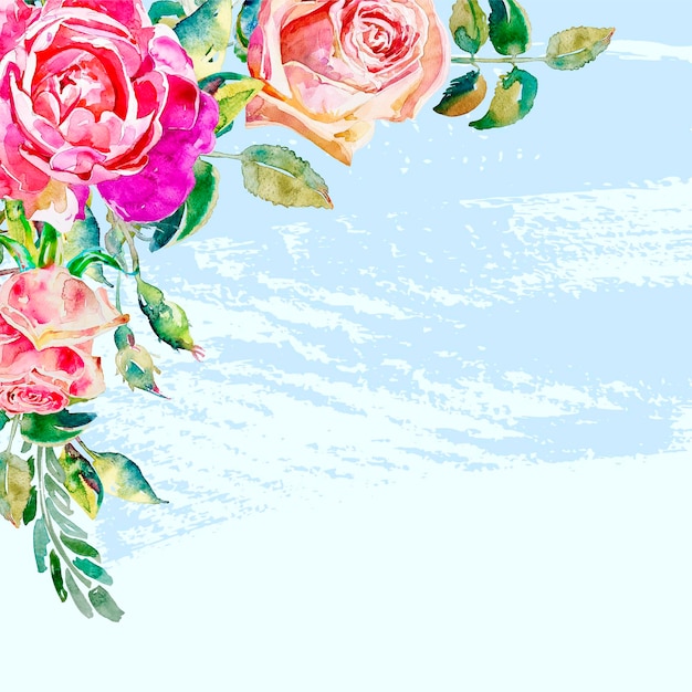 Fundo de pincelada azul grunge com rosas em aquarela