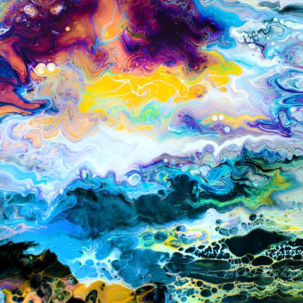 Fundo de pintura abstrata feito de acrílico líquido com técnica de arte fluida com cores brilhantes e coloridas.