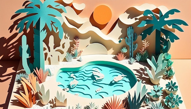 Fundo de piscina de verão em estilo de corte de papel Generative AI