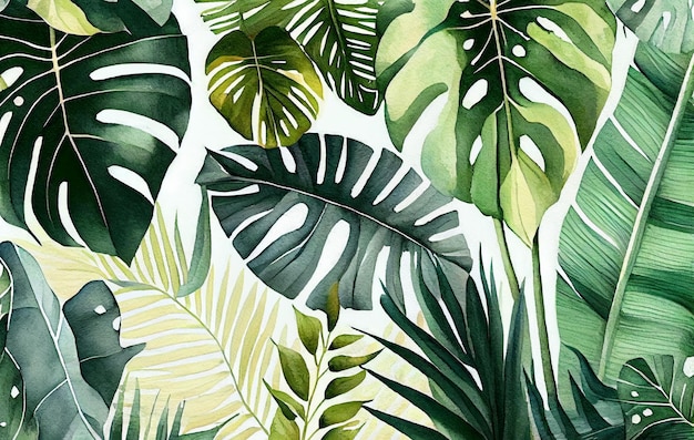 Fundo de plantas tropicais de aquarela desenhadas à mão Folhas de palmeira exótica árvore da selva brasil trópico botânica