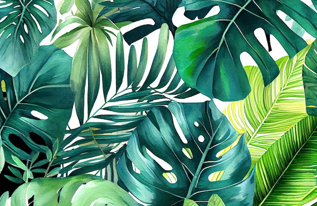 Fundo de plantas tropicais de aquarela desenhadas à mão Folhas de palmeira exótica árvore da selva brasil trópico botânica