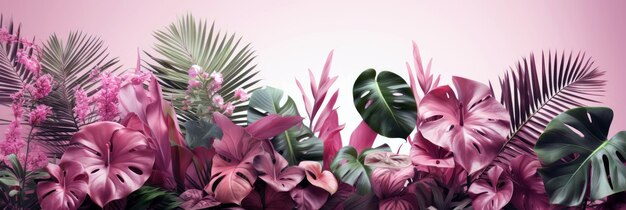 Fundo de plantas tropicais Folhas tropicais da selva e faixa de variedade de flores