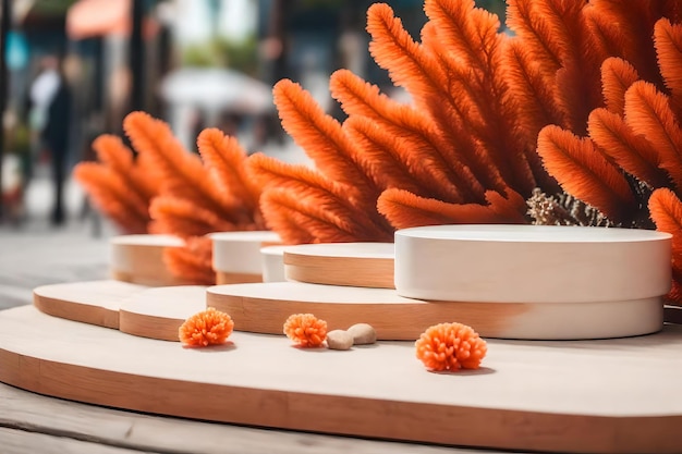 Fundo de pódio cosmético de madeira plana branca com corais laranja nos materiais hiper-realistas de rua