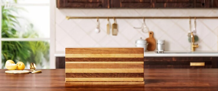 Foto fundo de pódio de cozinha com plataforma de madeira para exibição de produtos alimentares superfície de mármore de balcão vazio