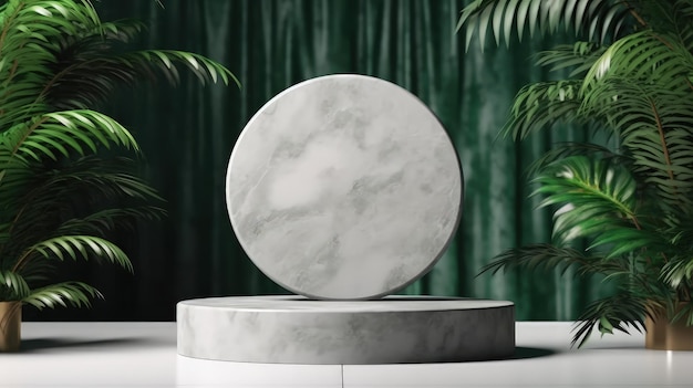 Fundo de pódio de produtos brancos realistas 3D com pano de fundo de folha e arco Pódio de mármore