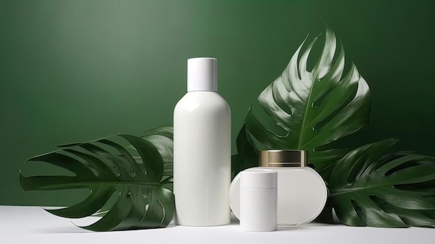 Fundo de pódio premium para o produto cosmético de apresentação com folha de planta tropical verde garrafa para produtos de tratamento de beleza