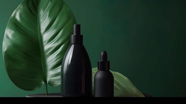 Fundo de pódio premium para o produto cosmético de apresentação com folha de planta tropical verde garrafa para produtos de tratamento de beleza