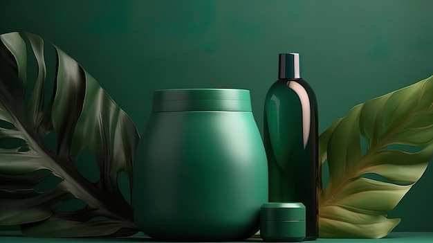 Fundo de pódio premium para o produto cosmético de apresentação com folha de planta tropical verde garrafa para produtos de tratamento de beleza
