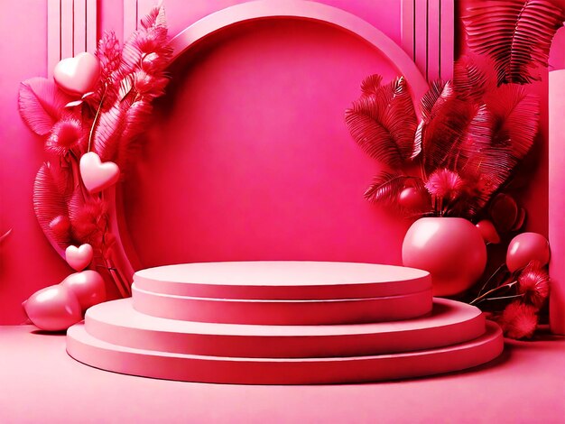 Fundo de pódio rosa para o produto Símbolos de amor para férias femininas Dia dos Namorados renderização 3D