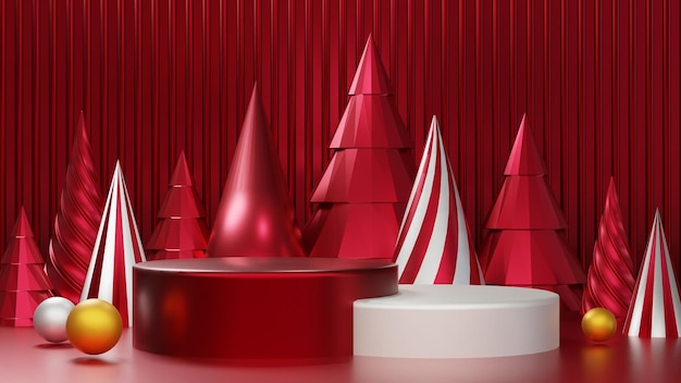 fundo de pódio vermelho de renderização 3d Cena mínima Panfleto de cartaz vermelho de natal de inverno horizontal e cartão de felicitações