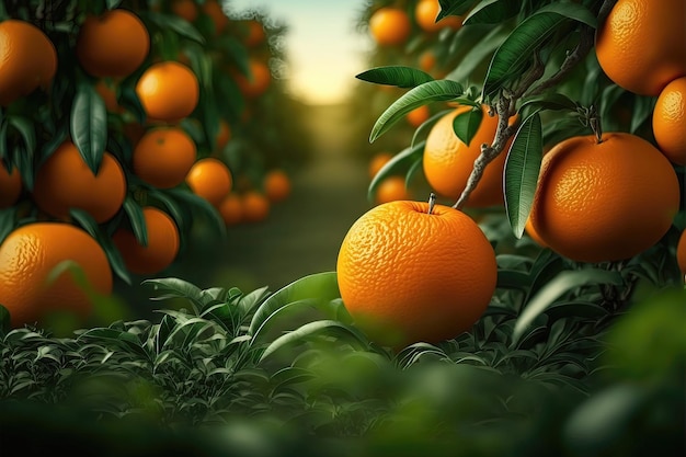 Fundo de pomar de frutas orgânicas de jardim de laranja Close-up