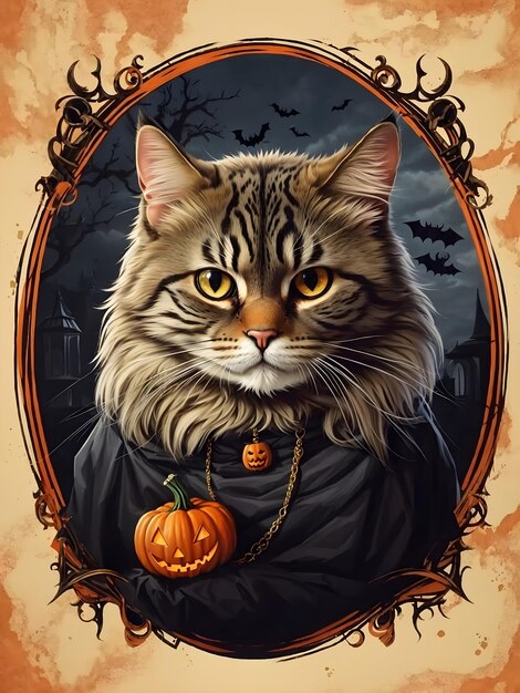fundo de pôster de Halloween com gato olhando atentamente para frente