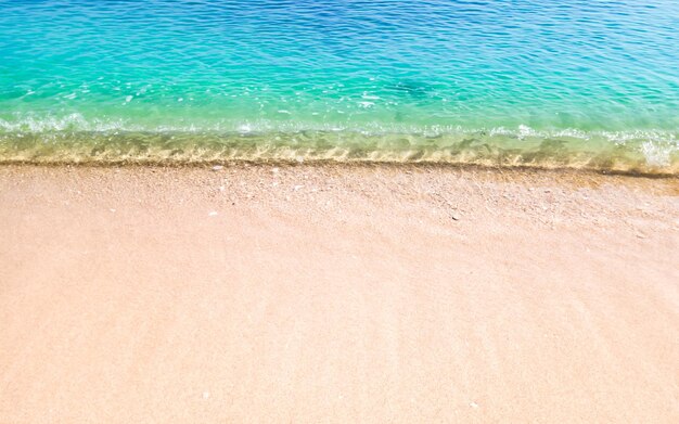 Fundo de praia bonita com ondas de água do mar azul claro e espumoso e praia de areia branca limpa.