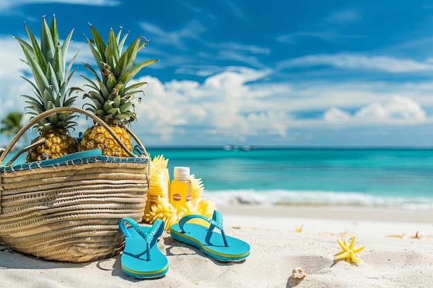Fundo de praia com chinelos de abacaxi e saco de praia na areia conceito de férias de verão