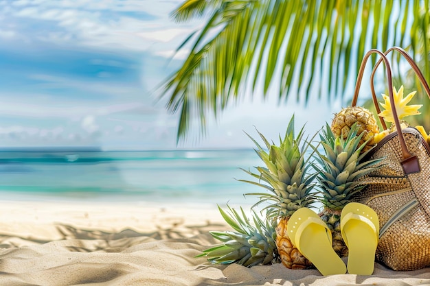 Fundo de praia com chinelos de abacaxi e saco de praia na areia conceito de férias de verão