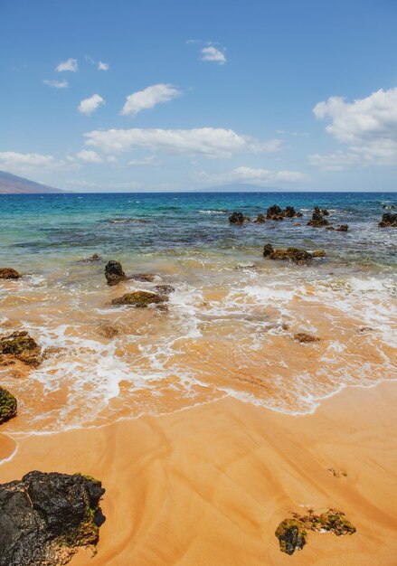 Fundo de praia de mar calmo verão praia tropical com paisagem natural de água do oceano de areia