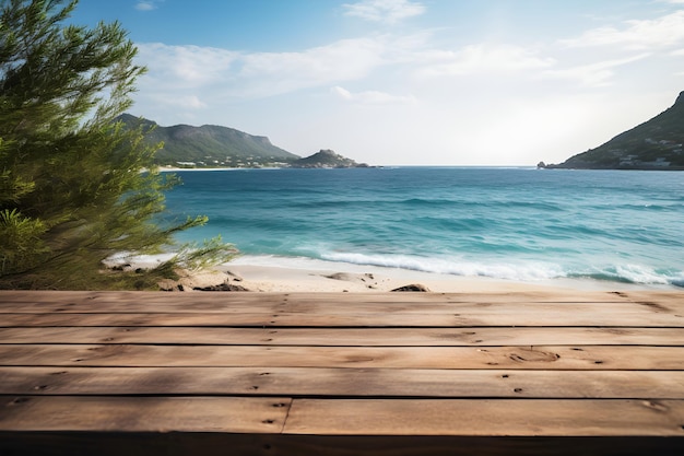 Fundo de praia e mesa de madeira para a vitrine de produtos orgânicos