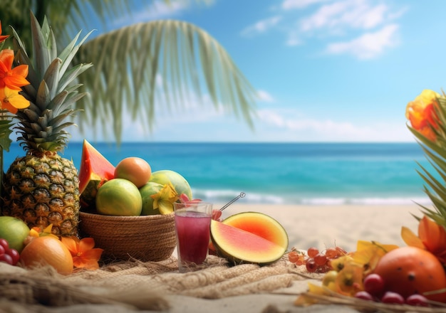 Fundo de praia tropical com palmeiras e frutas exóticas