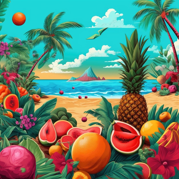 Fundo de praia tropical com palmeiras e frutas exóticas