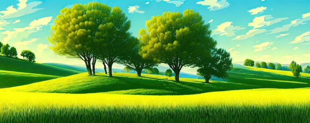 Fundo de primavera árvores de prado verde ilustração dos desenhos animados da bela paisagem do vale de verão com céu azul verde