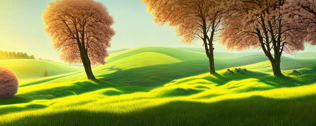 Fundo de primavera árvores de prado verde ilustração dos desenhos animados da bela paisagem do vale de verão com céu azul verde