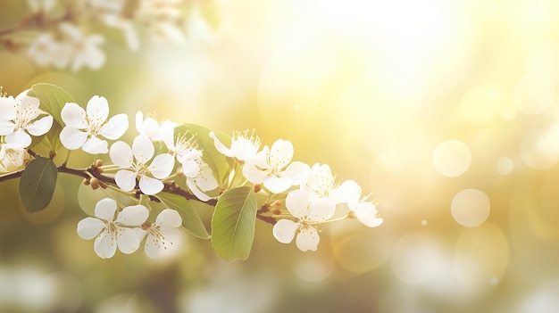 fundo de primavera com belas flores brancas e raios de sol