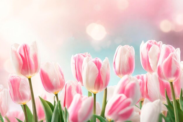 Foto fundo de primavera com belas tulipas cor-de-rosa e brancas com bokeh