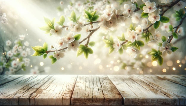Fundo de primavera com flores brancas de cerejeira acima da mesa de madeira mock-up de Páscoa