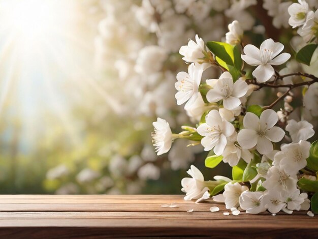 Foto fundo de primavera com flores brancas e raios de sol na frente de uma mesa de madeira