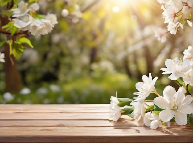 fundo de primavera com flores brancas e raios de sol na frente de uma mesa de madeira