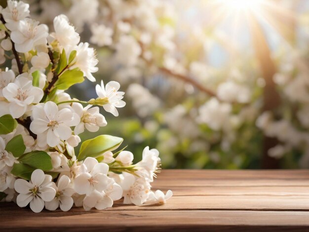 fundo de primavera com flores brancas e raios de sol na frente de uma mesa de madeira