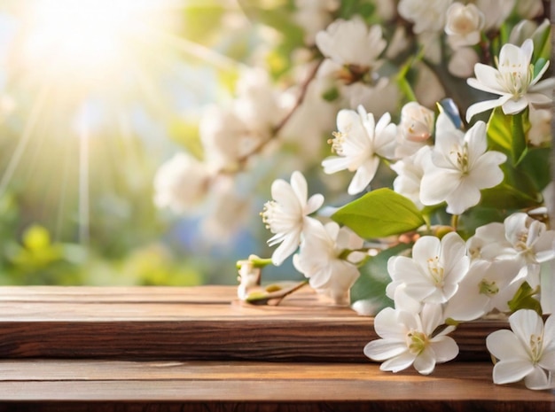 fundo de primavera com flores brancas e raios de sol na frente de uma mesa de madeira