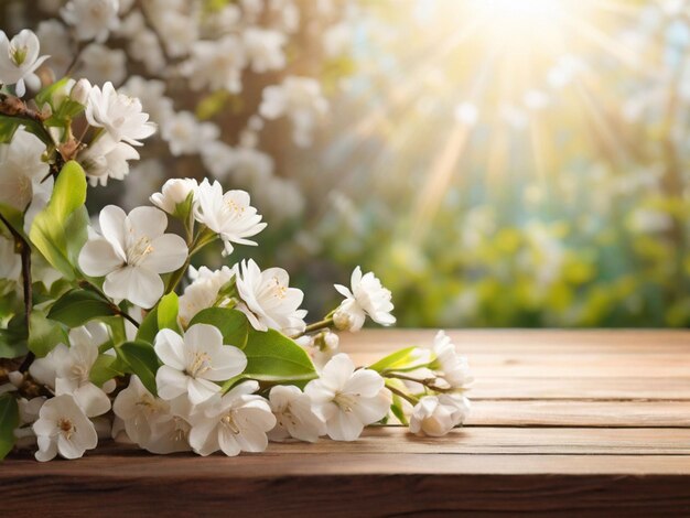 fundo de primavera com flores brancas e raios de sol na frente de uma mesa de madeira