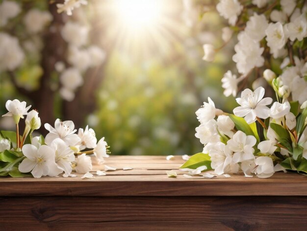 fundo de primavera com flores brancas e raios de sol na frente de uma mesa de madeira