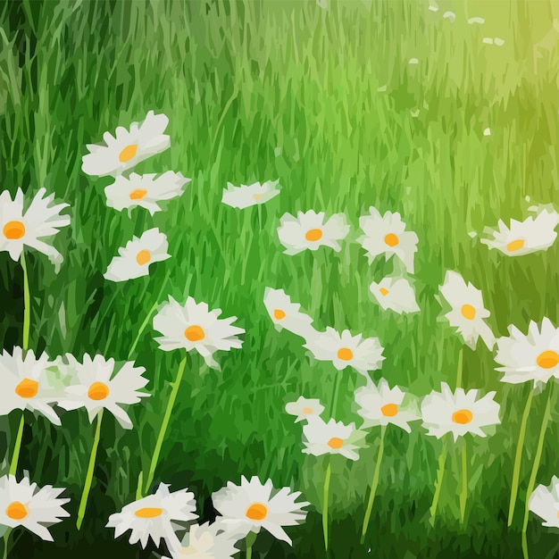 Fundo de primavera com flores de camomila grama verde céu azul Pode ser usado para o aniversário da festa de aniversário da Páscoa