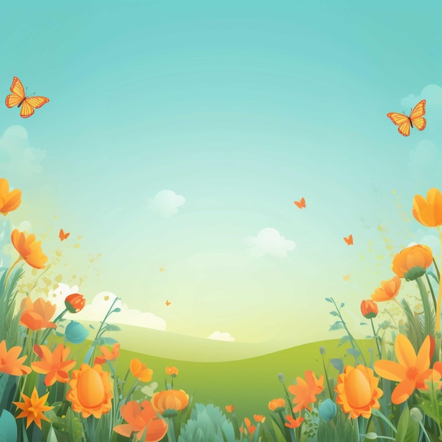 Fundo de primavera com flores de grama e ilustração vetorial de borboletas para o seu design